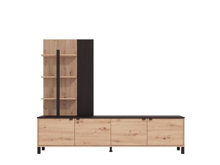 Parete Attrezzata Marrone Rovere Nodi Nero 4 Ripiani 4 Vani 208x40x167h cm, 4 Ante - Staletti