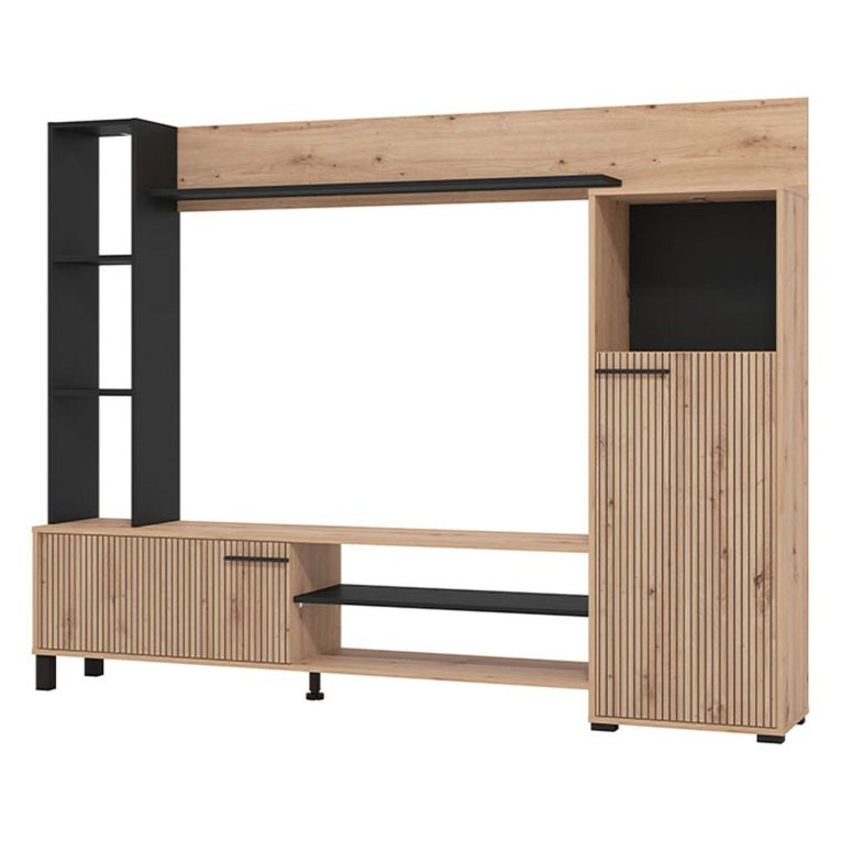 Parete Attrezzata Marrone Rovere Nodi Nero 8 Ripiani 9 Vani 207.5x33x157.5h cm, 2 Ante - Rovato