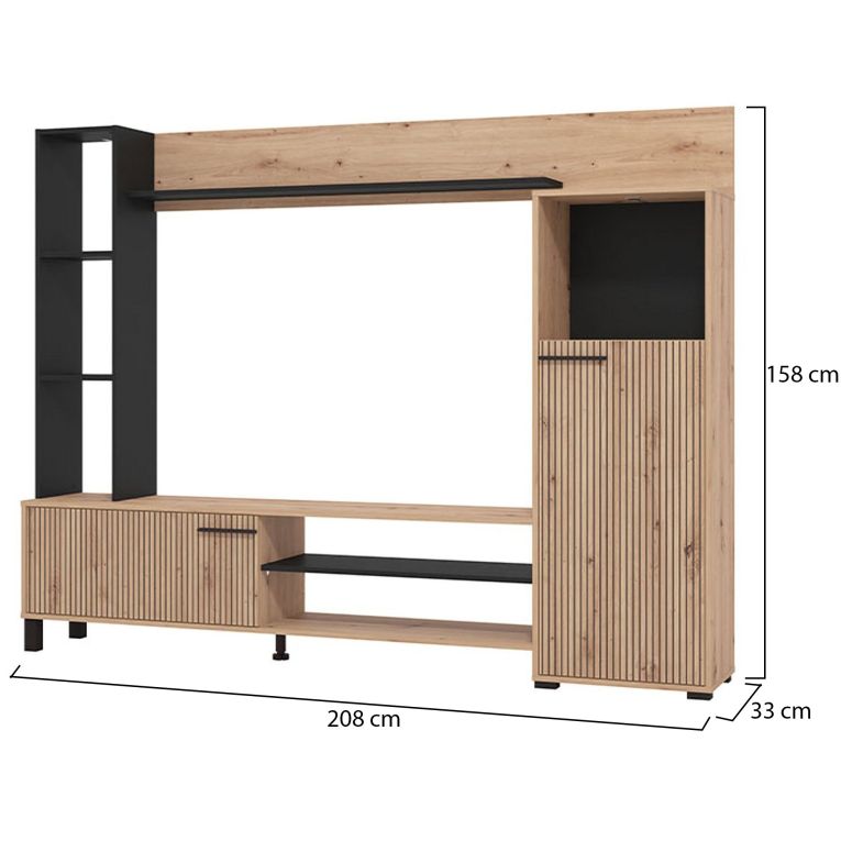 Parete Attrezzata Marrone Rovere Nodi Nero 8 Ripiani 9 Vani 207.5x33x157.5h cm, 2 Ante - Rovato
