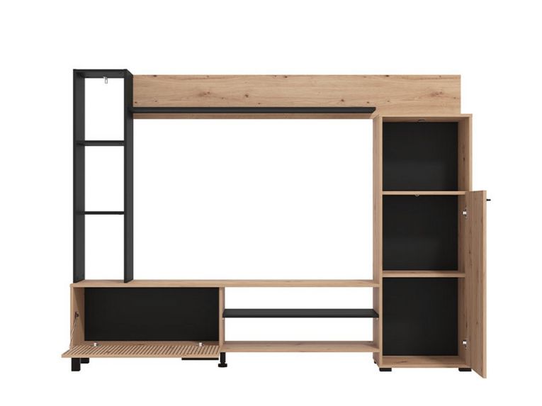 Parete Attrezzata Marrone Rovere Nodi Nero 8 Ripiani 9 Vani 207.5x33x157.5h cm, 2 Ante - Rovato