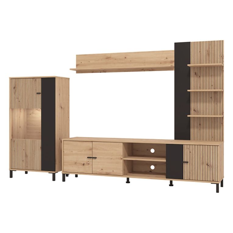 Parete Attrezzata Marrone Rovere Nodi Nero 8 Ripiani Modulabile 263x40x167h cm, 7 Vani - Petrona