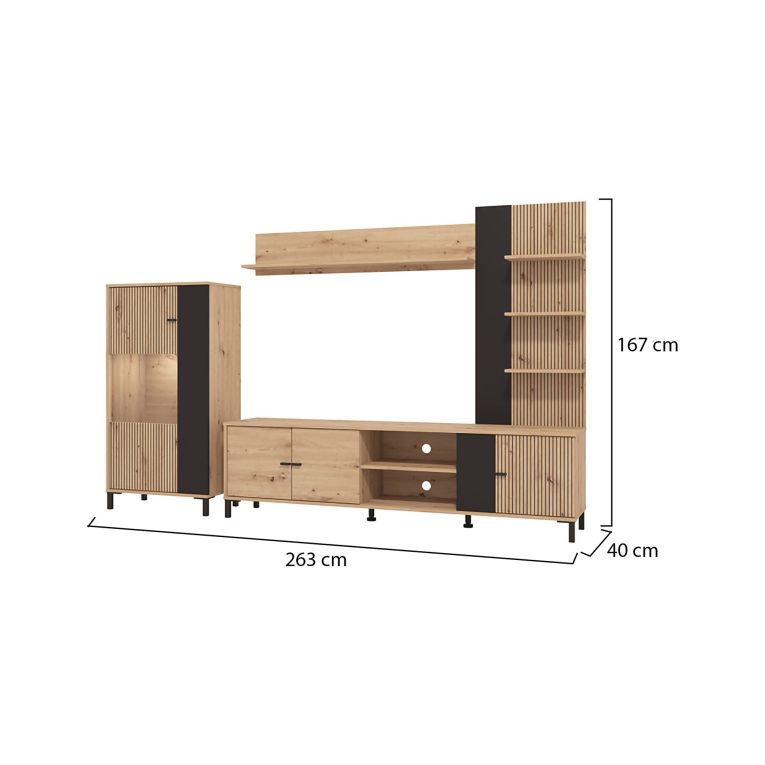 Parete Attrezzata Marrone Rovere Nodi Nero 8 Ripiani Modulabile 263x40x167h cm, 7 Vani - Petrona