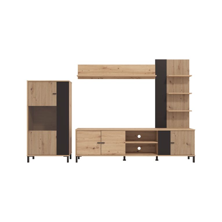 Parete Attrezzata Marrone Rovere Nodi Nero 8 Ripiani Modulabile 263x40x167h cm, 7 Vani - Petrona