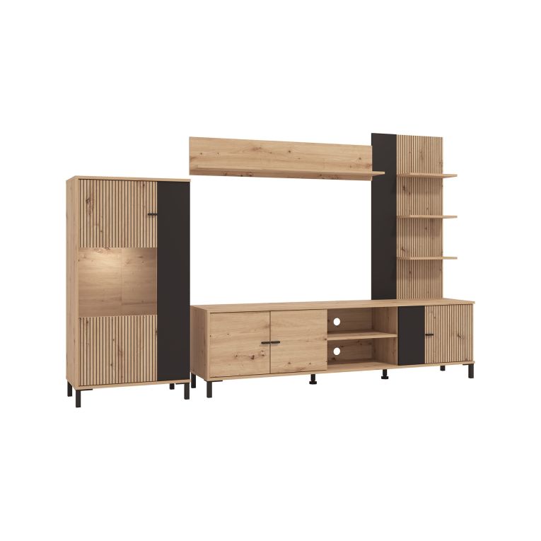 Parete Attrezzata Marrone Rovere Nodi Nero 8 Ripiani Modulabile 263x40x167h cm, 7 Vani - Petrona
