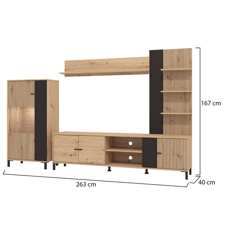 Parete Attrezzata Marrone Rovere Nodi Nero 8 Ripiani Modulabile 263x40x167h cm, 7 Vani - Petrona