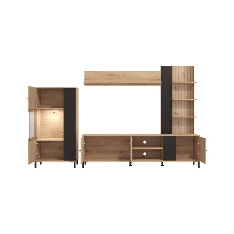 Parete Attrezzata Marrone Rovere Nodi Nero 8 Ripiani Modulabile 263x40x167h cm, 7 Vani - Petrona