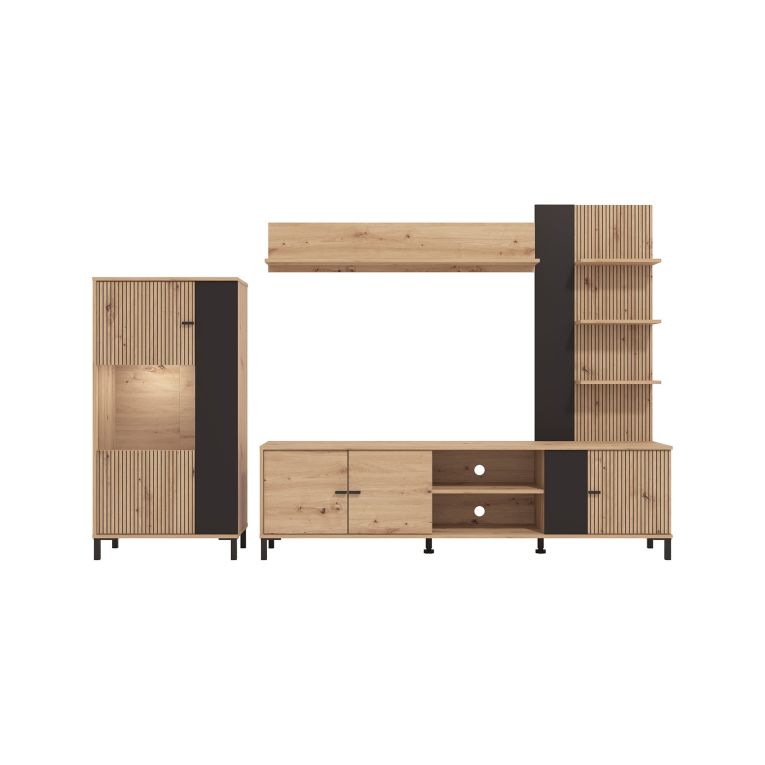 Parete Attrezzata Marrone Rovere Nodi Nero 8 Ripiani Modulabile 263x40x167h cm, 7 Vani - Petrona