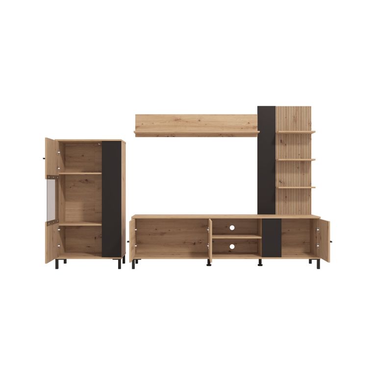 Parete Attrezzata Marrone Rovere Nodi Nero 8 Ripiani Modulabile 263x40x167h cm, 7 Vani - Petrona