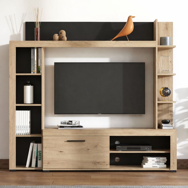 Parete Attrezzata Marrone Rovere Nodi Nero 9 Ripiani 7 Vani 172.5x33x157.5h cm, Un'anta - Bubbiano