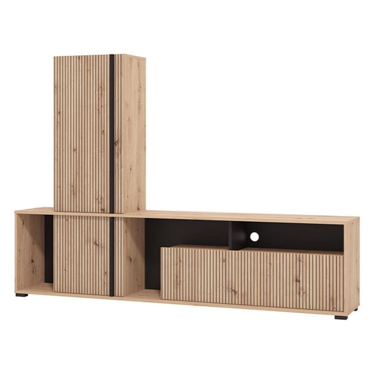 Parete Attrezzata Marrone Rovere Nodi Nero Modulabile 7 Ripiani 195.5x33x139.5h cm, 3 Ante - Montiano