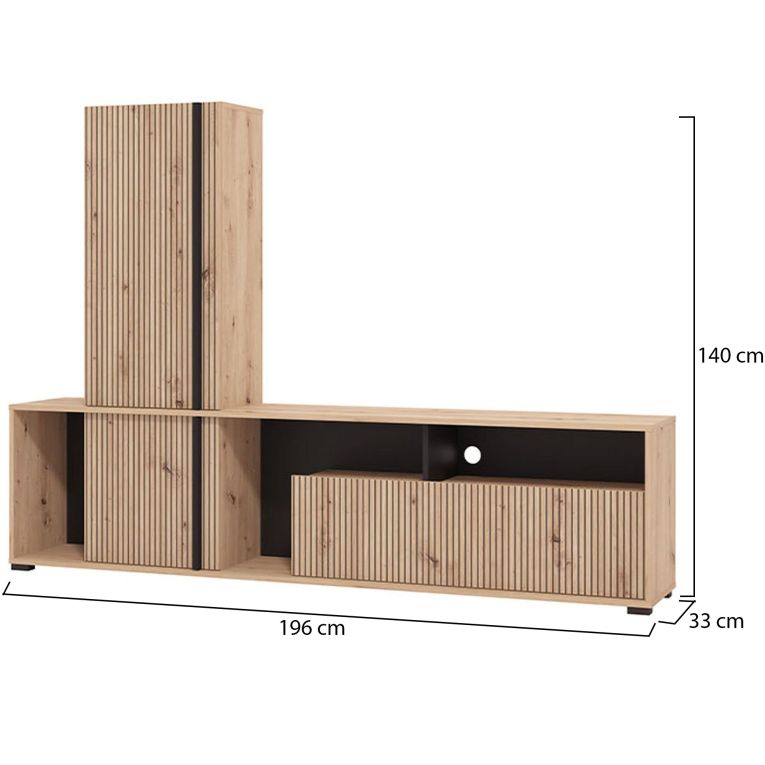 Parete Attrezzata Marrone Rovere Nodi Nero Modulabile 7 Ripiani 195.5x33x139.5h cm, 3 Ante - Montiano