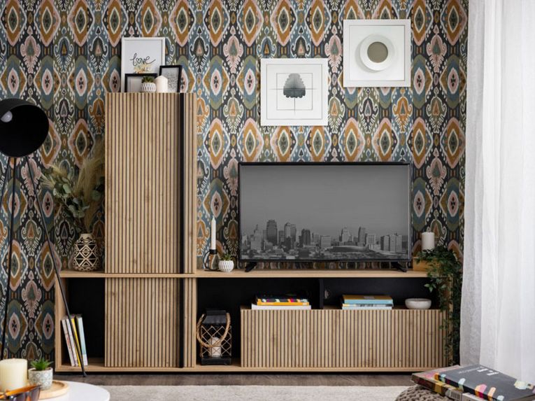 Parete Attrezzata Marrone Rovere Nodi Nero Modulabile 7 Ripiani 195.5x33x139.5h cm, 3 Ante - Montiano