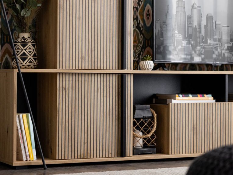 Parete Attrezzata Marrone Rovere Nodi Nero Modulabile 7 Ripiani 195.5x33x139.5h cm, 3 Ante - Montiano