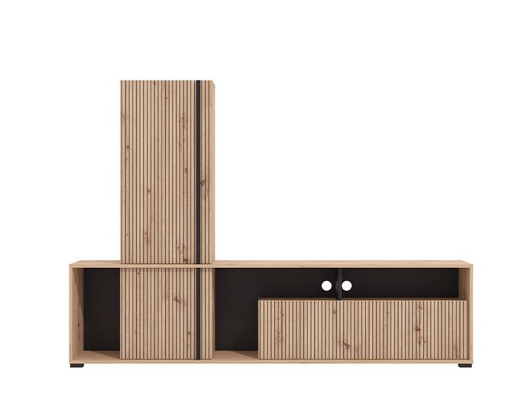 Parete Attrezzata Marrone Rovere Nodi Nero Modulabile 7 Ripiani 195.5x33x139.5h cm, 3 Ante - Montiano
