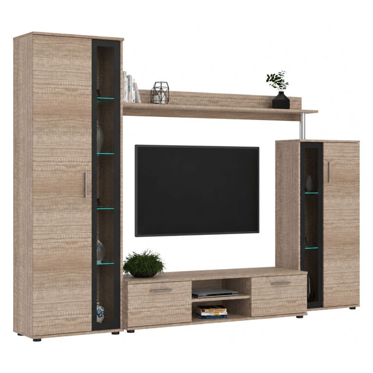 Parete Attrezzata Marrone Rovere Scuro Nero Modulabile 9 Ripiani, 2 Cassetti - Linahasi