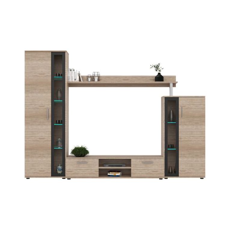 Parete Attrezzata Marrone Rovere Scuro Nero Modulabile 9 Ripiani, 2 Cassetti - Linahasi