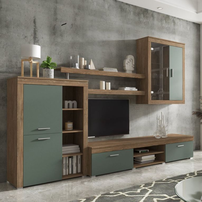 Parete Attrezzata Marrone Rovere Verde 11 Ripiani Modulabile, 18 Vani - Casies