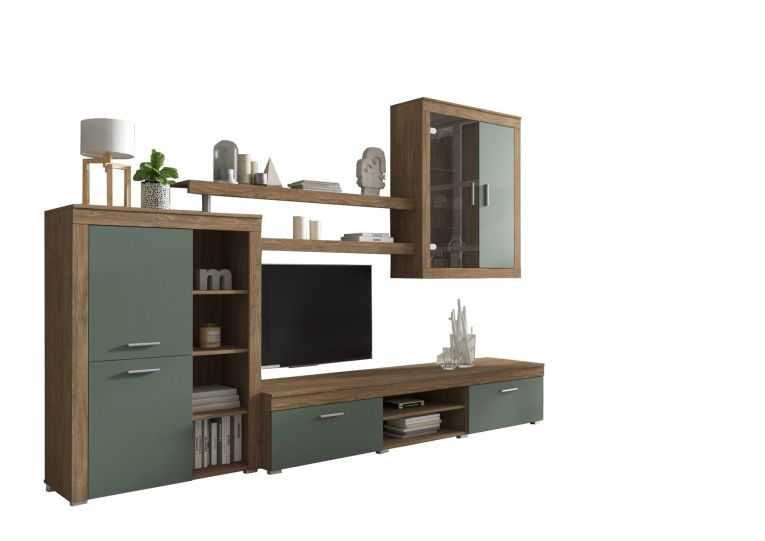 Parete Attrezzata Marrone Rovere Verde 11 Ripiani Modulabile, 18 Vani - Casies