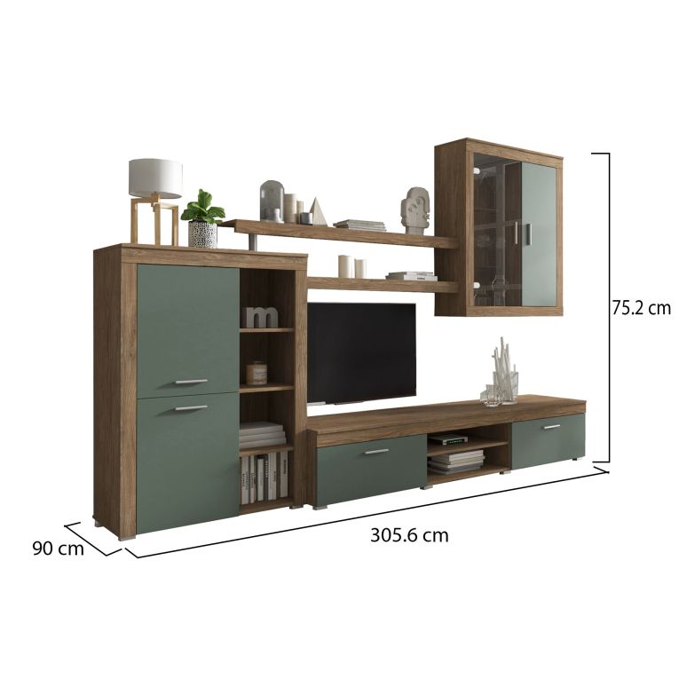Parete Attrezzata Marrone Rovere Verde 11 Ripiani Modulabile, 18 Vani - Casies