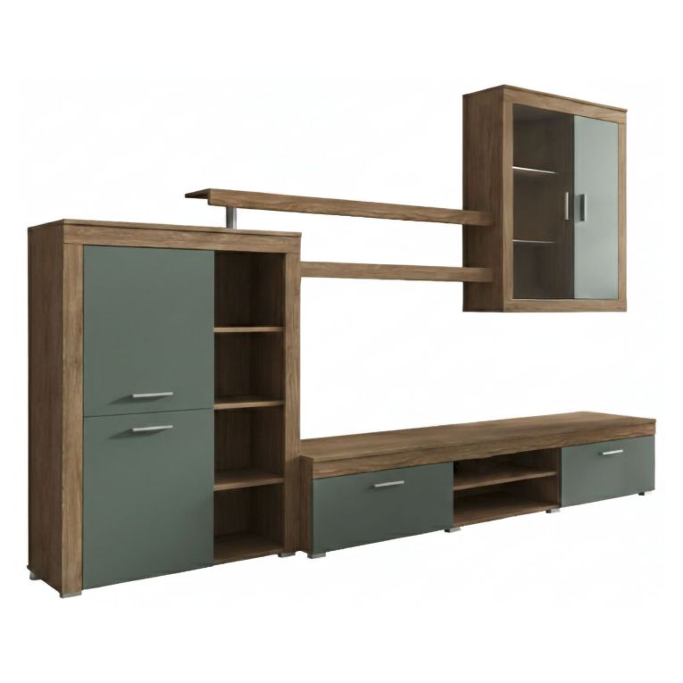 Parete Attrezzata Marrone Rovere Verde 11 Ripiani Modulabile, 18 Vani - Casies