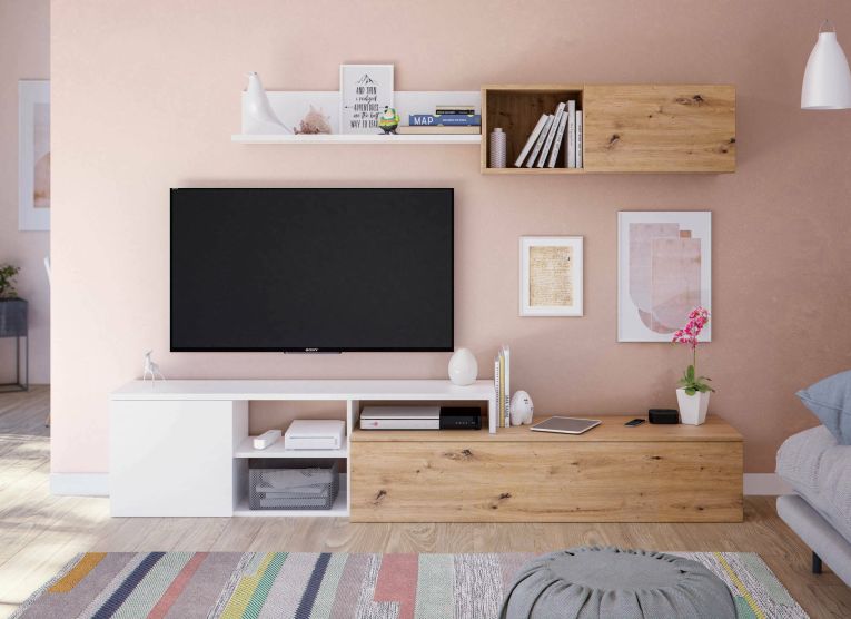 Parete attrezzata Miami, Mobile da soggiorno porta TV reversibile, Composizione per salotto con pensile e mensola, 220x40h44 cm, Rovere effetto nodi e Bianco