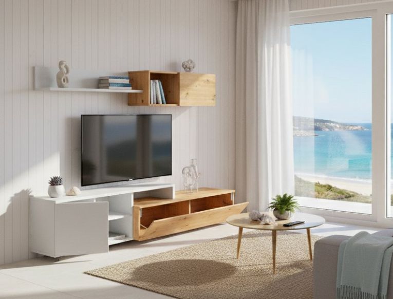 Parete attrezzata Miami, Mobile da soggiorno porta TV reversibile, Composizione per salotto con pensile e mensola, 220x40h44 cm, Rovere effetto nodi e Bianco