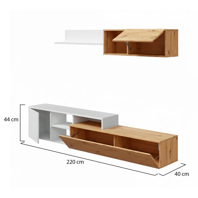 Parete attrezzata Miami, Mobile da soggiorno porta TV reversibile, Composizione per salotto con pensile e mensola, 220x40h44 cm, Rovere effetto nodi e Bianco