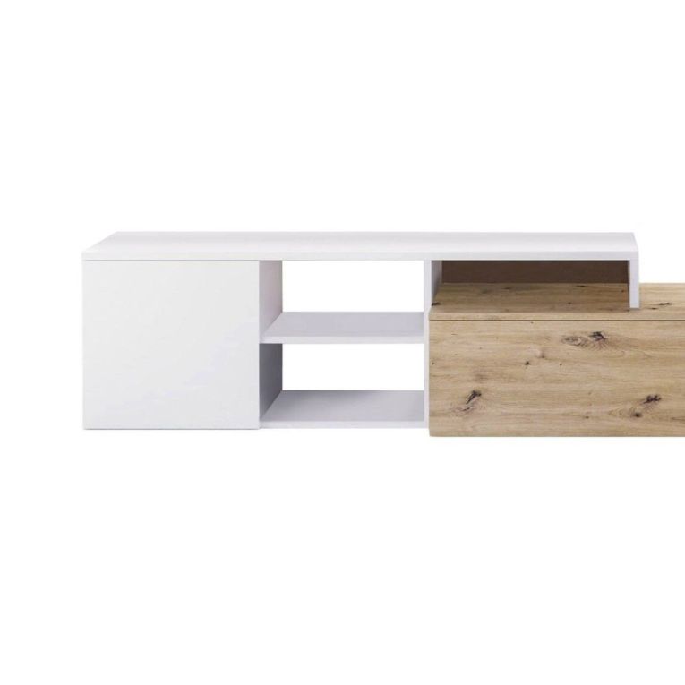 Parete attrezzata Miami, Mobile da soggiorno porta TV reversibile, Composizione per salotto con pensile e mensola, 220x40h44 cm, Rovere effetto nodi e Bianco