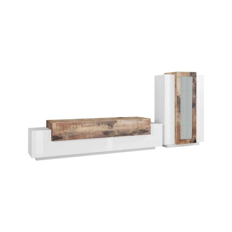 Parete attrezzata Mirko, Set salotto porta TV, Mobile soggiorno multiuso, 100% Made in Italy, cm 280x45h121, Bianco lucido e Acero