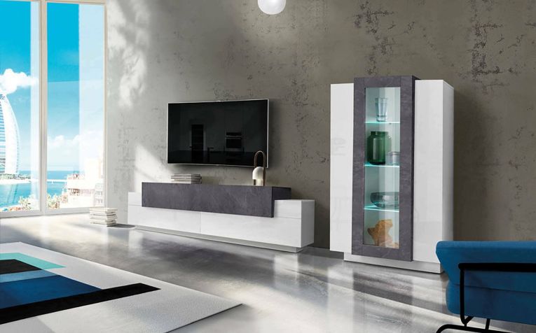 Parete attrezzata Mirko, Set salotto porta TV, Mobile soggiorno multiuso, 100% Made in Italy, cm 280x45h121, Bianco lucido e Ardesia