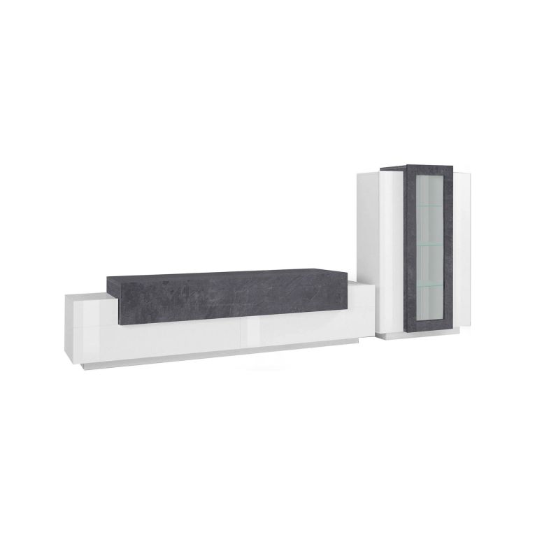 Parete attrezzata Mirko, Set salotto porta TV, Mobile soggiorno multiuso, 100% Made in Italy, cm 280x45h121, Bianco lucido e Ardesia