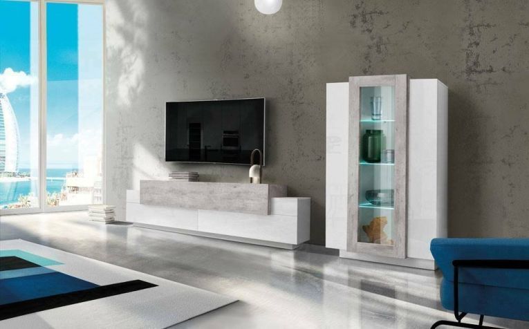 Parete attrezzata Mirko, Set salotto porta TV, Mobile soggiorno multiuso, 100% Made in Italy, cm 280x45h121, Bianco lucido e Cemento
