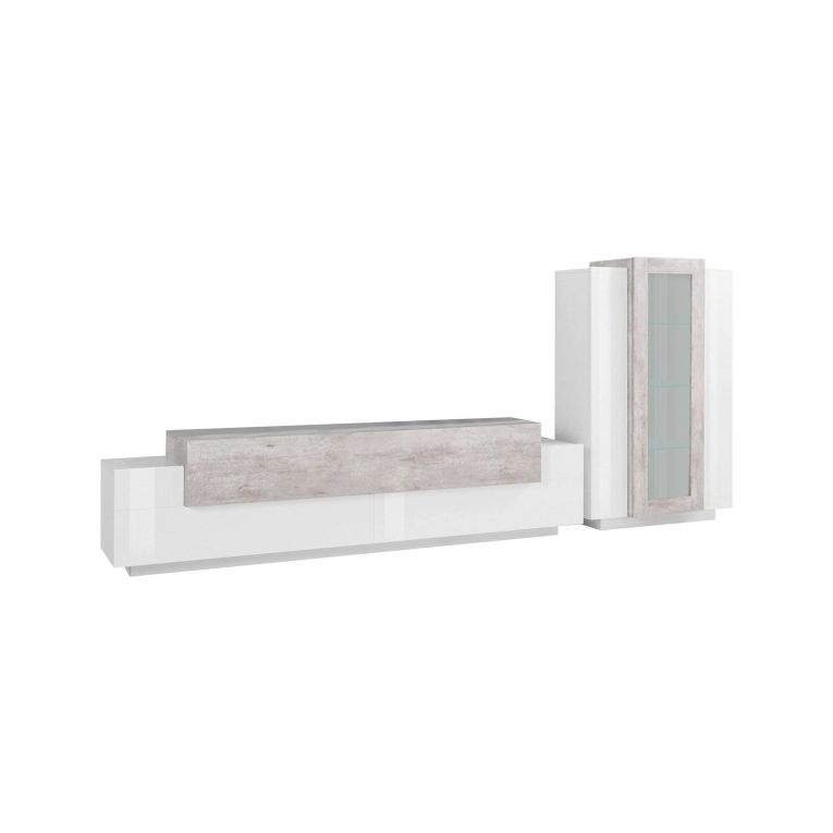 Parete attrezzata Mirko, Set salotto porta TV, Mobile soggiorno multiuso, 100% Made in Italy, cm 280x45h121, Bianco lucido e Cemento