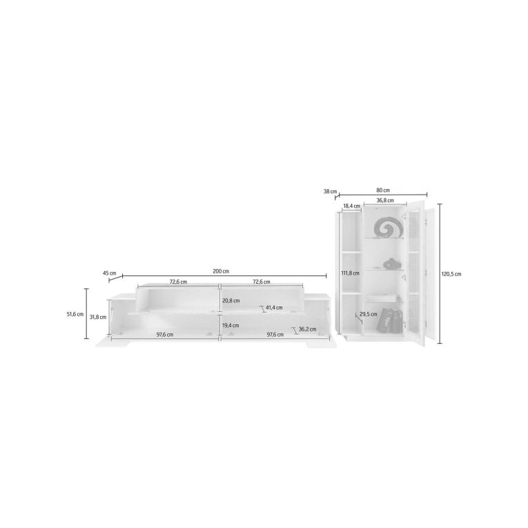 Parete attrezzata Mirko, Set salotto porta TV, Mobile soggiorno multiuso, 100% Made in Italy, cm 280x45h121, Bianco lucido e Cemento