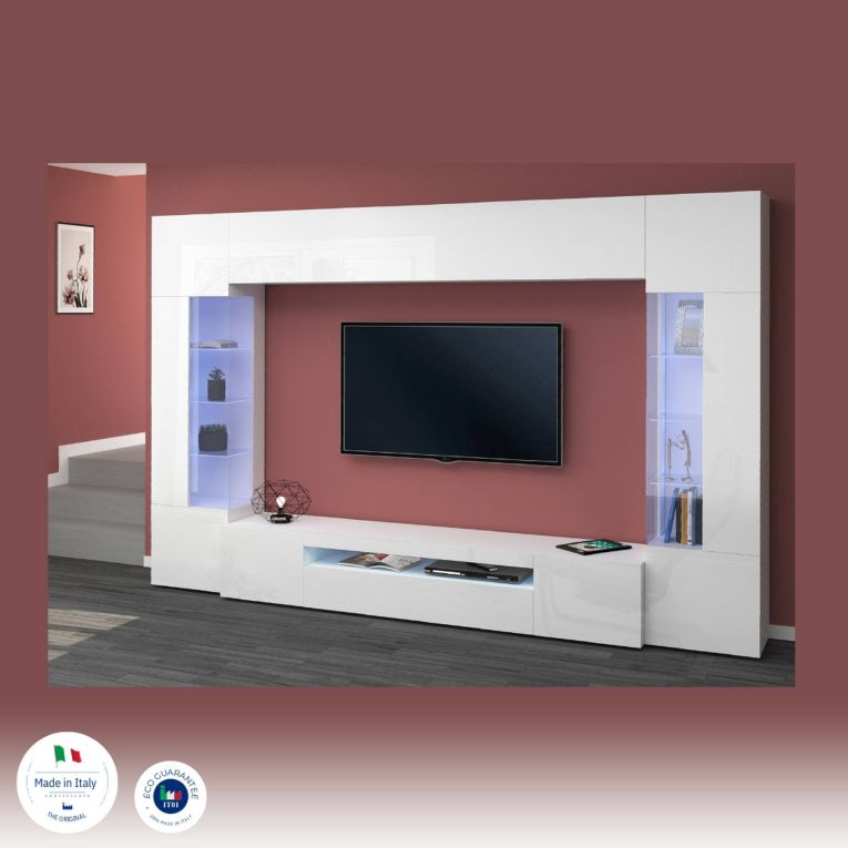 Parete attrezzata moderna 290cm bianca lucida - Arga