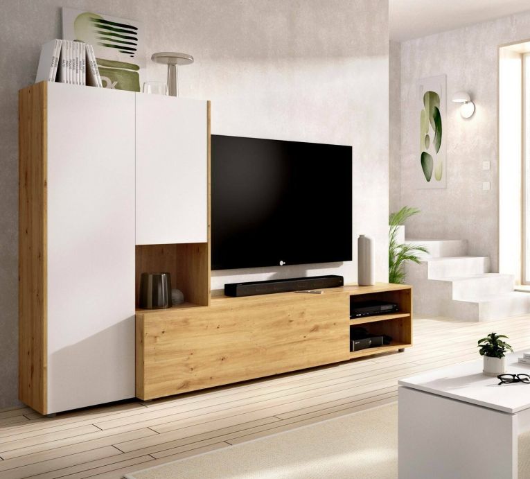 Parete attrezzata modulabile 227cm legno e bianca - Abrino