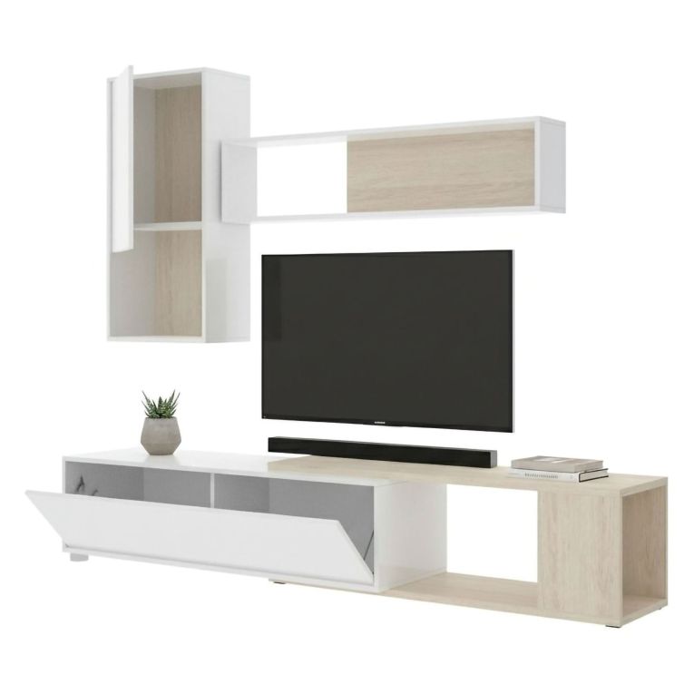 Parete attrezzata modulabile 230cm bianca lucida e rovere - Fortuna