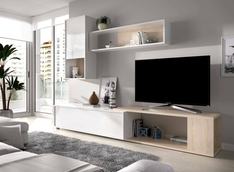 Parete attrezzata modulabile 230cm bianca lucida e rovere - Fortuna