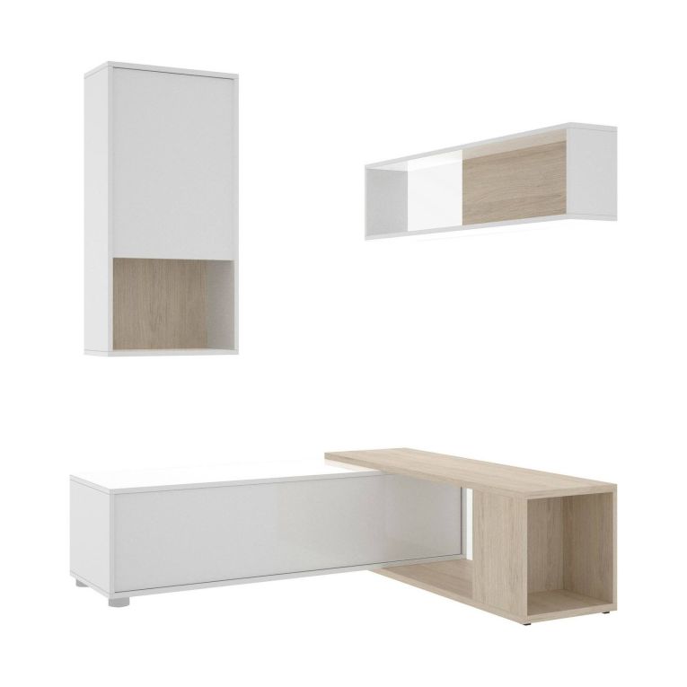 Parete attrezzata modulabile 230cm bianca lucida e rovere - Fortuna