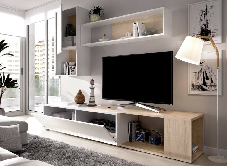 Parete attrezzata modulabile 230cm bianca lucida e rovere - Fortuna