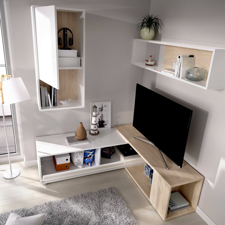 Parete attrezzata modulabile 230cm bianca lucida e rovere - Fortuna