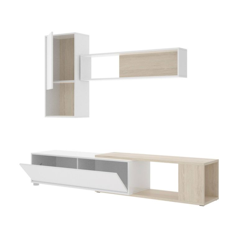 Parete attrezzata modulabile 230cm bianca lucida e rovere - Fortuna