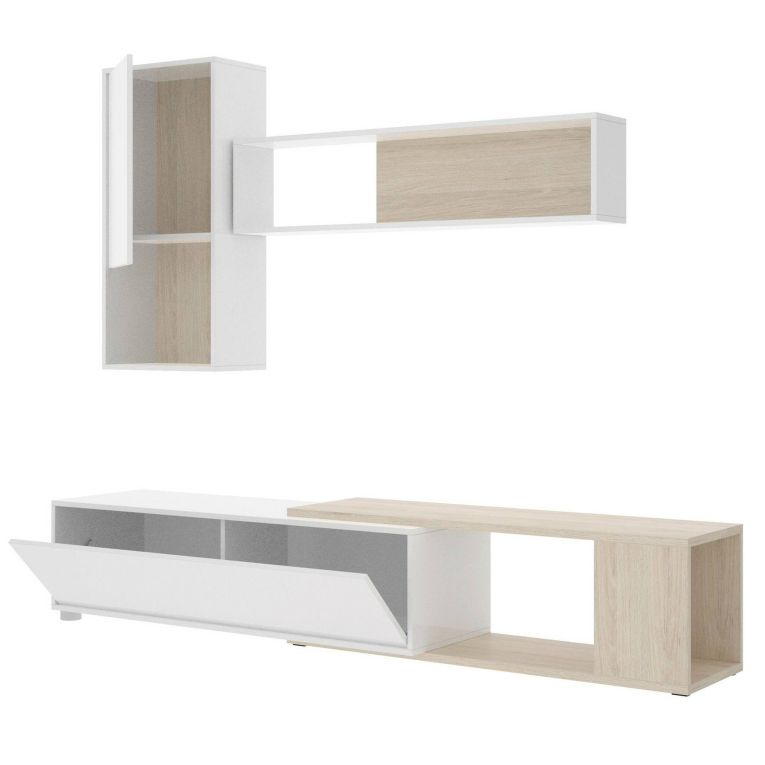 Parete attrezzata modulabile 230cm bianca lucida e rovere - Fortuna