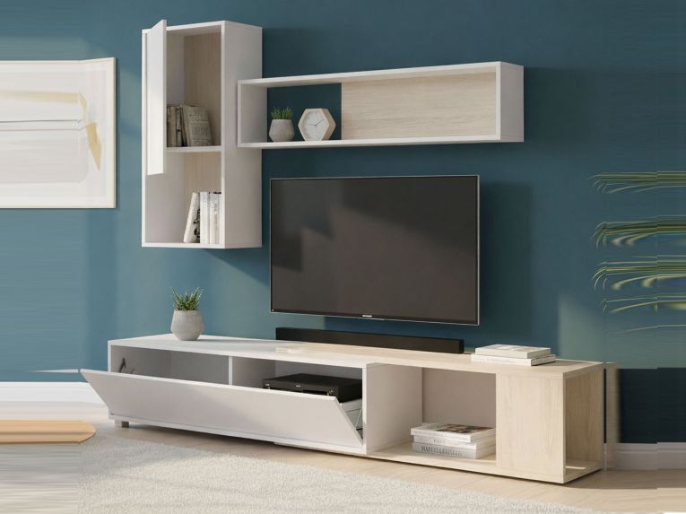 Parete attrezzata modulabile 230cm bianca lucida e rovere - Fortuna