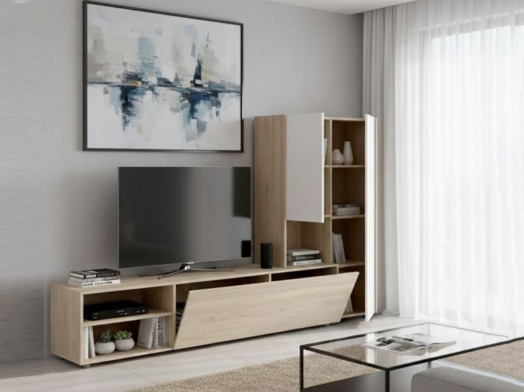 Parete attrezzata multifunzione 227cm bianca e rovere - Abrino