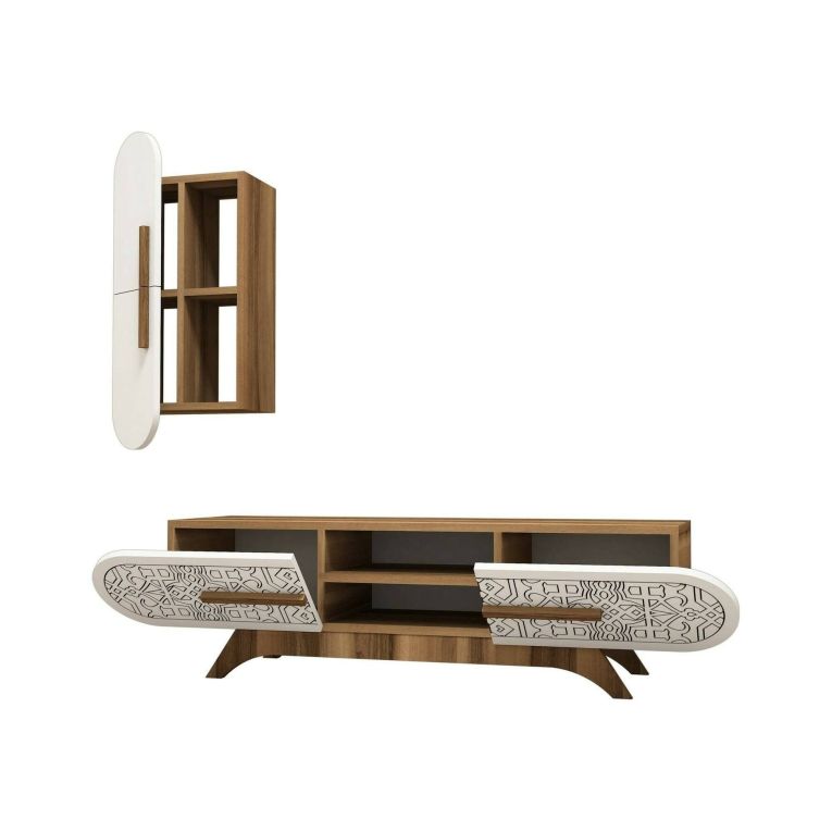Parete attrezzata Nemb, Set da soggiorno modulabile, Mobile salotto multiuso, Armadio porta TV moderno, 145x35h37 cm, Noce e Bianco