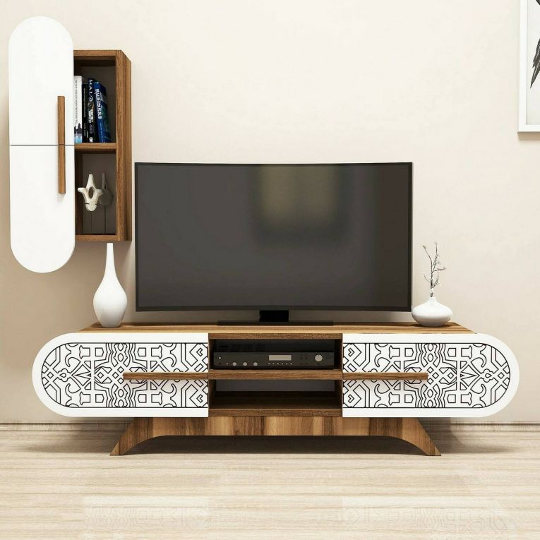 Parete attrezzata Nemb, Set da soggiorno modulabile, Mobile salotto multiuso, Armadio porta TV moderno, 145x35h37 cm, Noce e Bianco