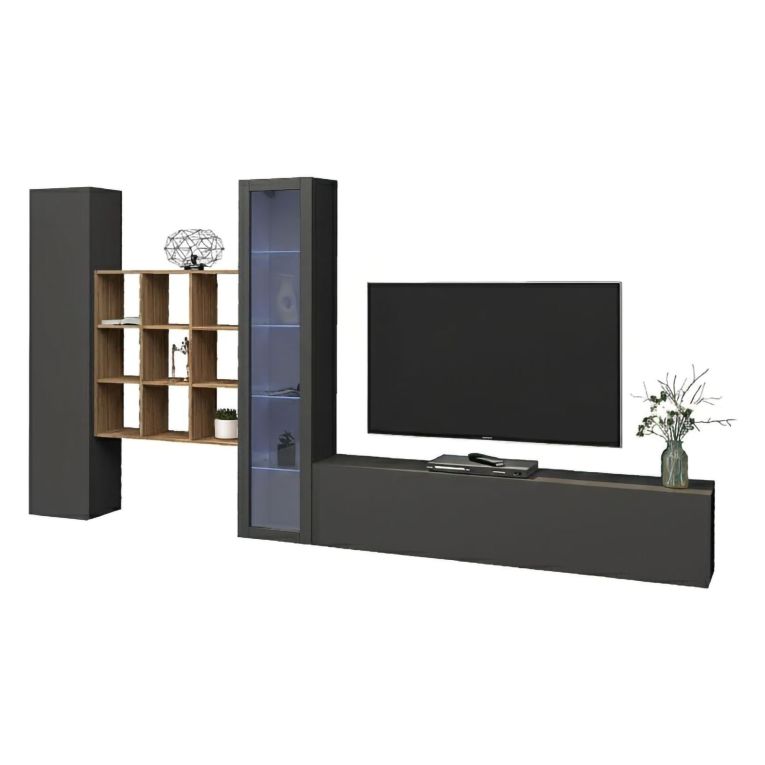 Parete Attrezzata Nero Antracite 14 Ripiani Modulabile 310x30x180h cm, 19 Vani - Intelvi
