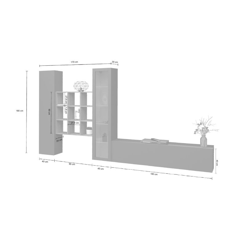 Parete Attrezzata Nero Antracite 14 Ripiani Modulabile 310x30x180h cm, 19 Vani - Intelvi
