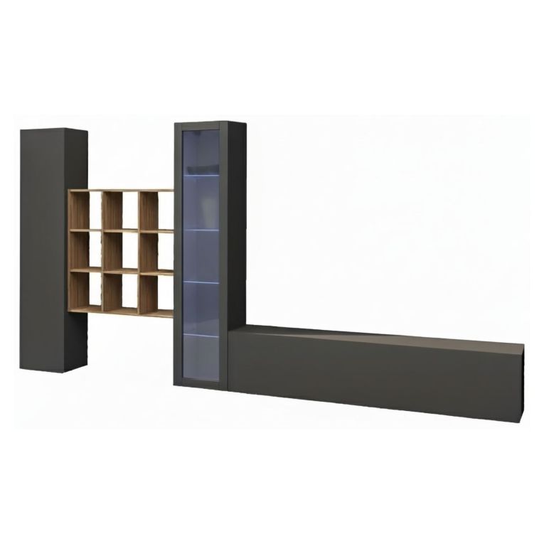 Parete Attrezzata Nero Antracite 14 Ripiani Modulabile 310x30x180h cm, 19 Vani - Intelvi